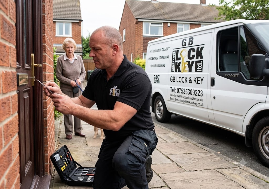 Emergency Locksmith repairing a front door lock at a South Yorkshire home beside the GB Lock & Key van