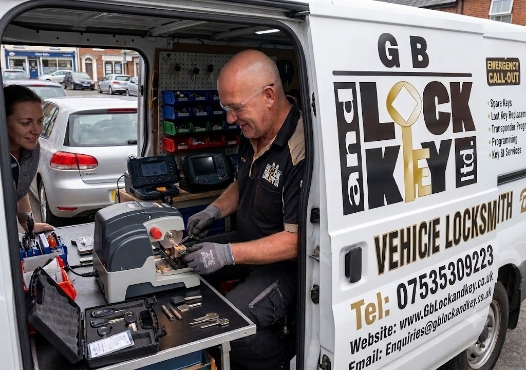 Emergency Auto Locksmith cutting a replacement car key inside a fully equipped mobile locksmith van