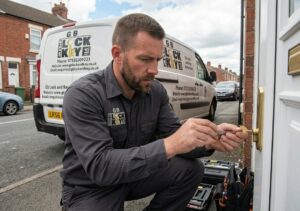 Locksmith extracting a broken key from a front door lock.